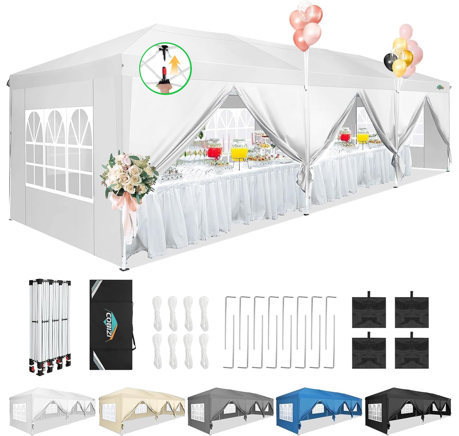 Photo 1 of COBIZI 10x30 Pop Up Canopy Tent for Parties with 8 Sidewalls Waterproof Commercial Instant Canopy 10x30 Party Tent for Backyard, Wedding Portable Outdoor Gazebo with Carrybag&4 Sandbags(White