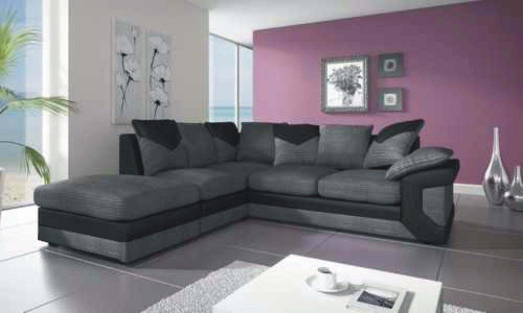 cheap online furniture LARGE DINO LH/RH CORNER SOFA IN JUMBO CORD BLACK/GREY + FREE FOOTSTOOL | UK EXPRESS DELIVERY | 1 YEAR WARRANTY (LH CORNER)