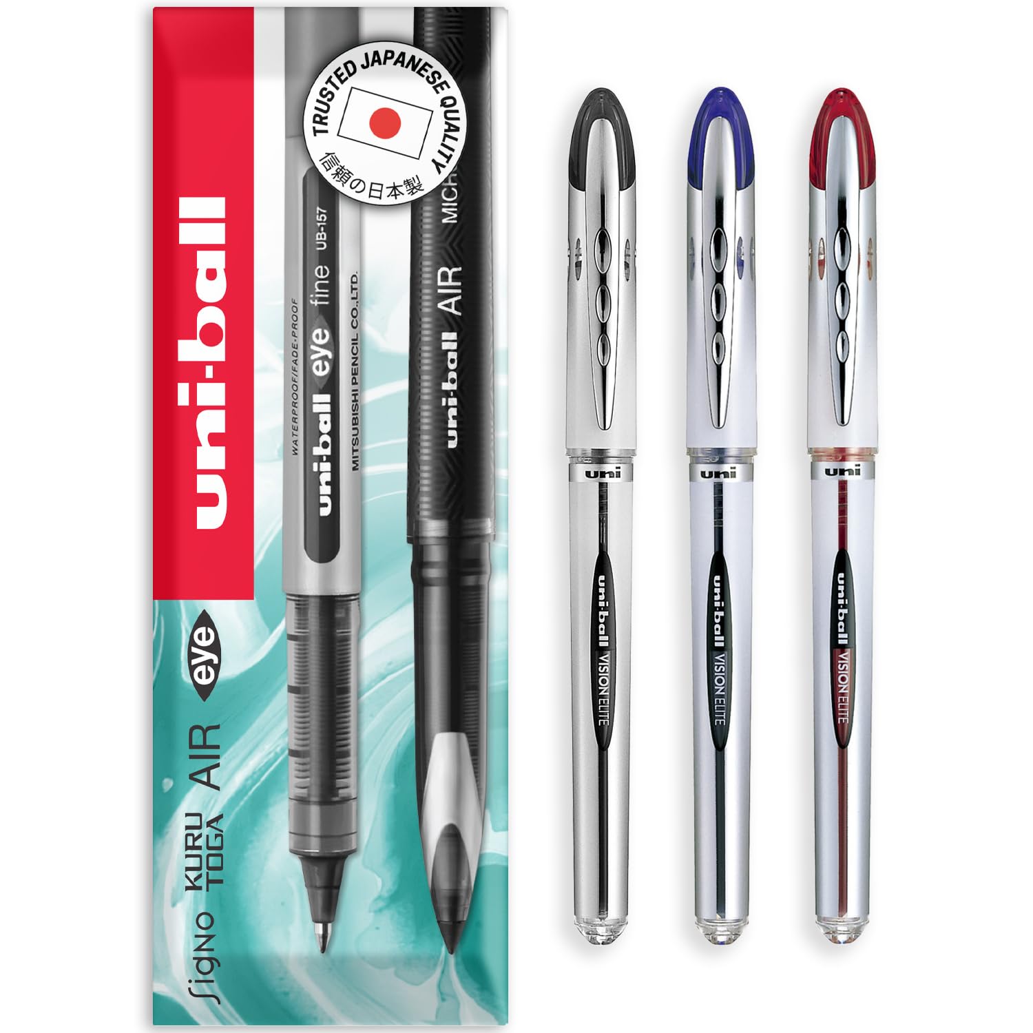 uni-ball Vision Elite - 0.8mm Nib Medium Rollerball Pen - UB-200 - In Envelolpe Gift Packaging (Pack of 3, Multicolor)