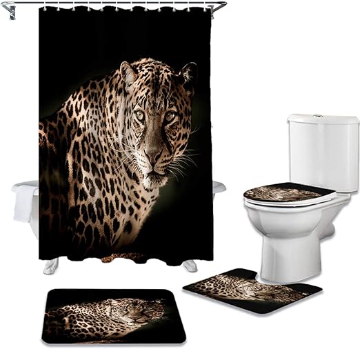 Leopard Black Background Shower Curtain Sets NonSlip Rugs Toilet Lid