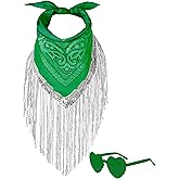 JIANGLAI Fringe Rhinestone Bandana with Heart Sunglasses, Disco Cowgirl Bachelorette (Green)