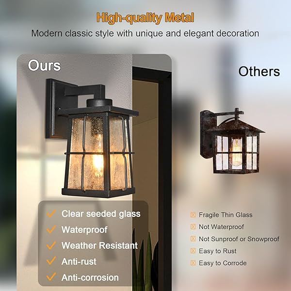 ALVIME OUTSIDE WALL LIGHTS, 10 INCH EXTERIOR FRONT PORCH LIGHT FIXTURES, WATERPROOF OUTDOOR WALL LANTERN FOR HOUSE FRONT DOOR, ENTRYWAY, GARAGE, PATIO, E26 BASE&CLEAR SEEDY GLASS