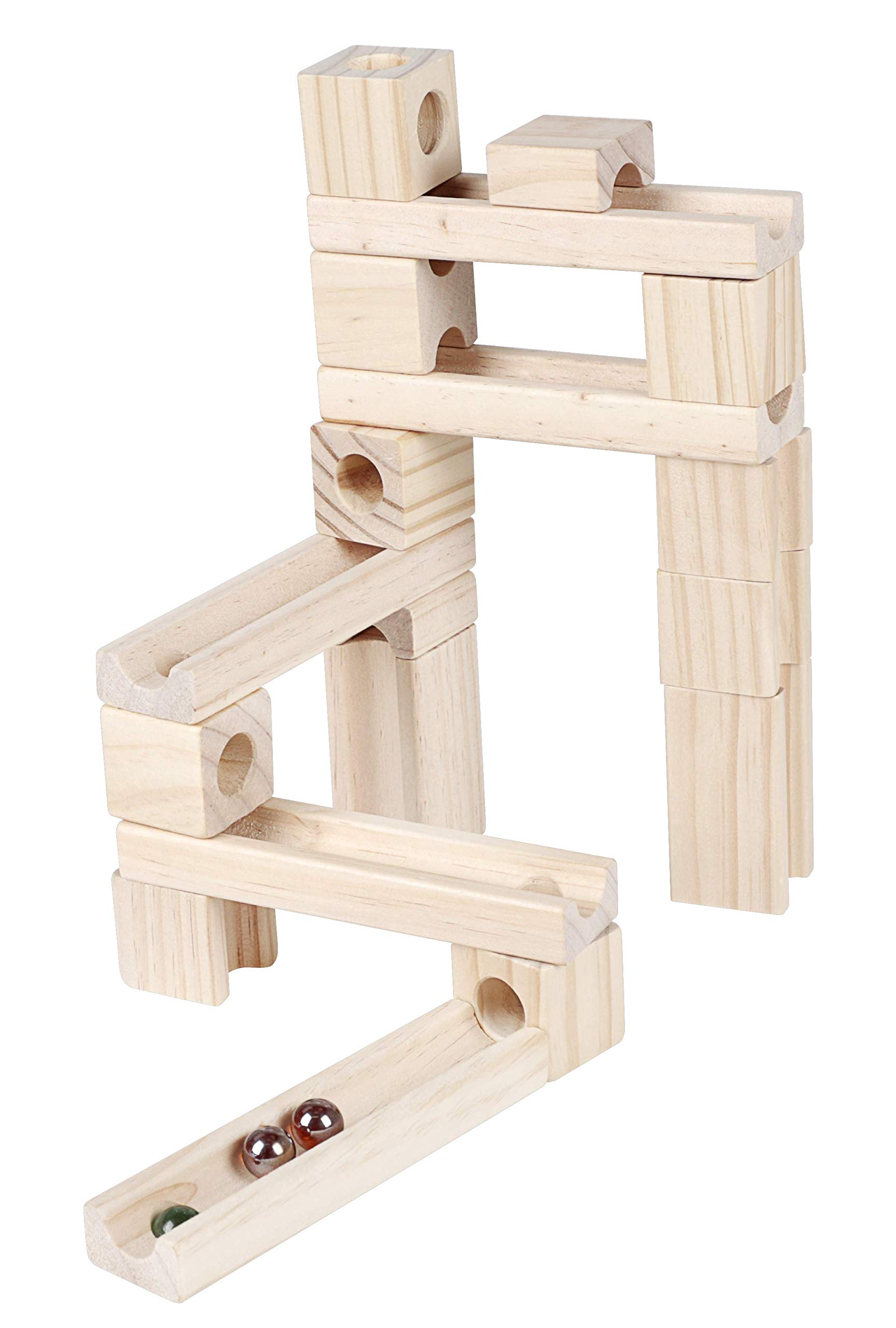 Wooden Marble Run STEM Learning Toys for Kids 4-8 | 60+ Expandable Building Blocks with Glass Marbles & Guide | Safe Birchwood Construction (ASTM Certified)