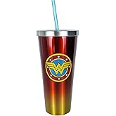 Spoontiques DC Comics Stainless Steel Tumbler, 24oz - Double Wall Insulated Travel Cup with Straw - Wonder Woman