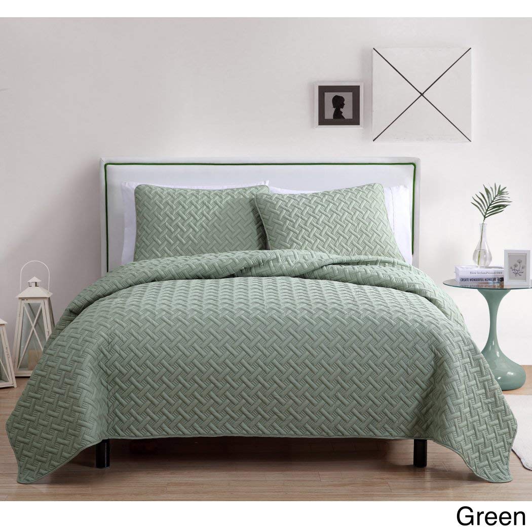 AD 3 Piece Chic Green King Quilt Set, Geometric Themed Bedding Diamond Textured