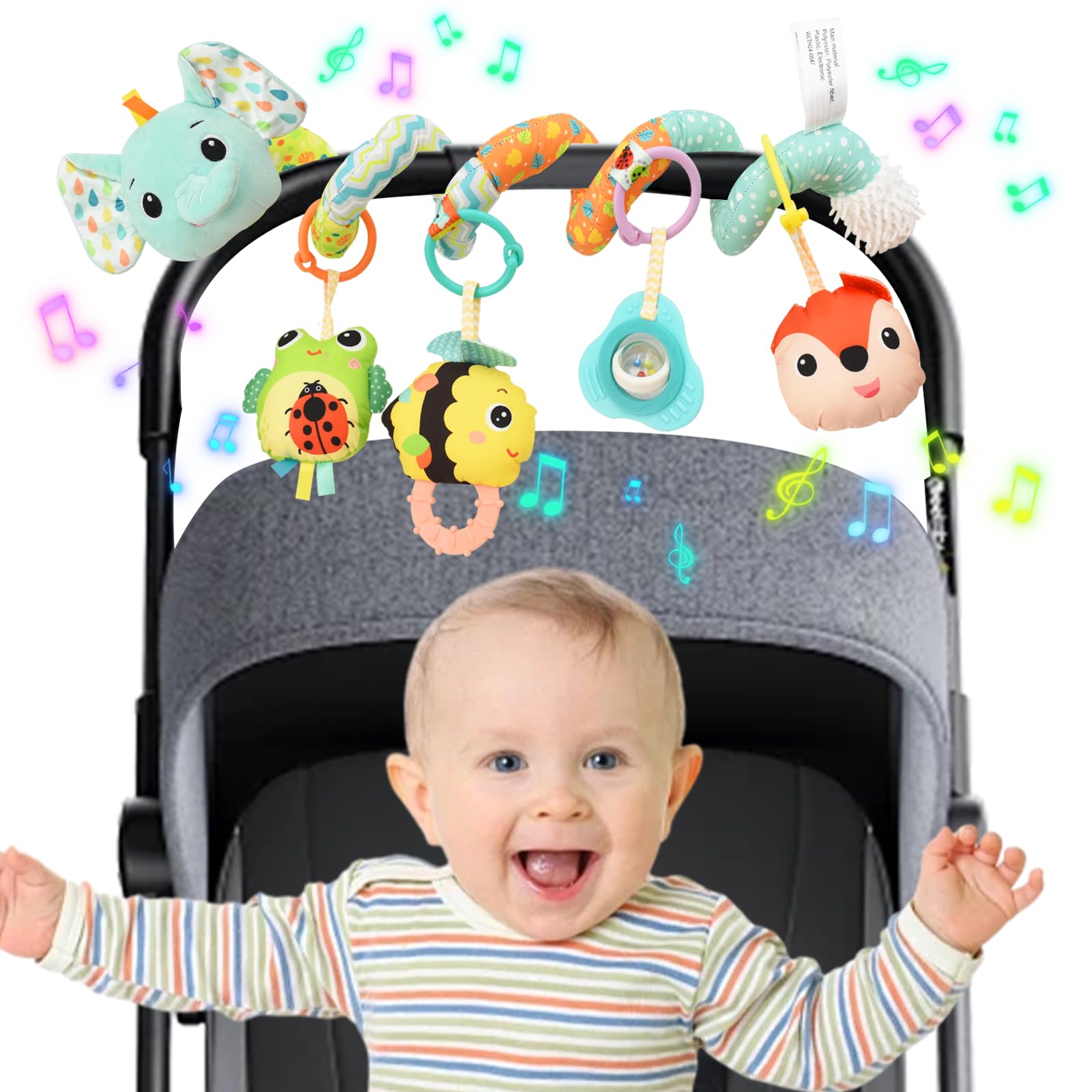 Coriver Pram Toys, Spiral Plush Activity Hanging Stroller Car Seat Toys for Pushchair Stroller Baby Mobile Crib, Newborn Sensory Toys for Babies 0-6 Months-Elephant