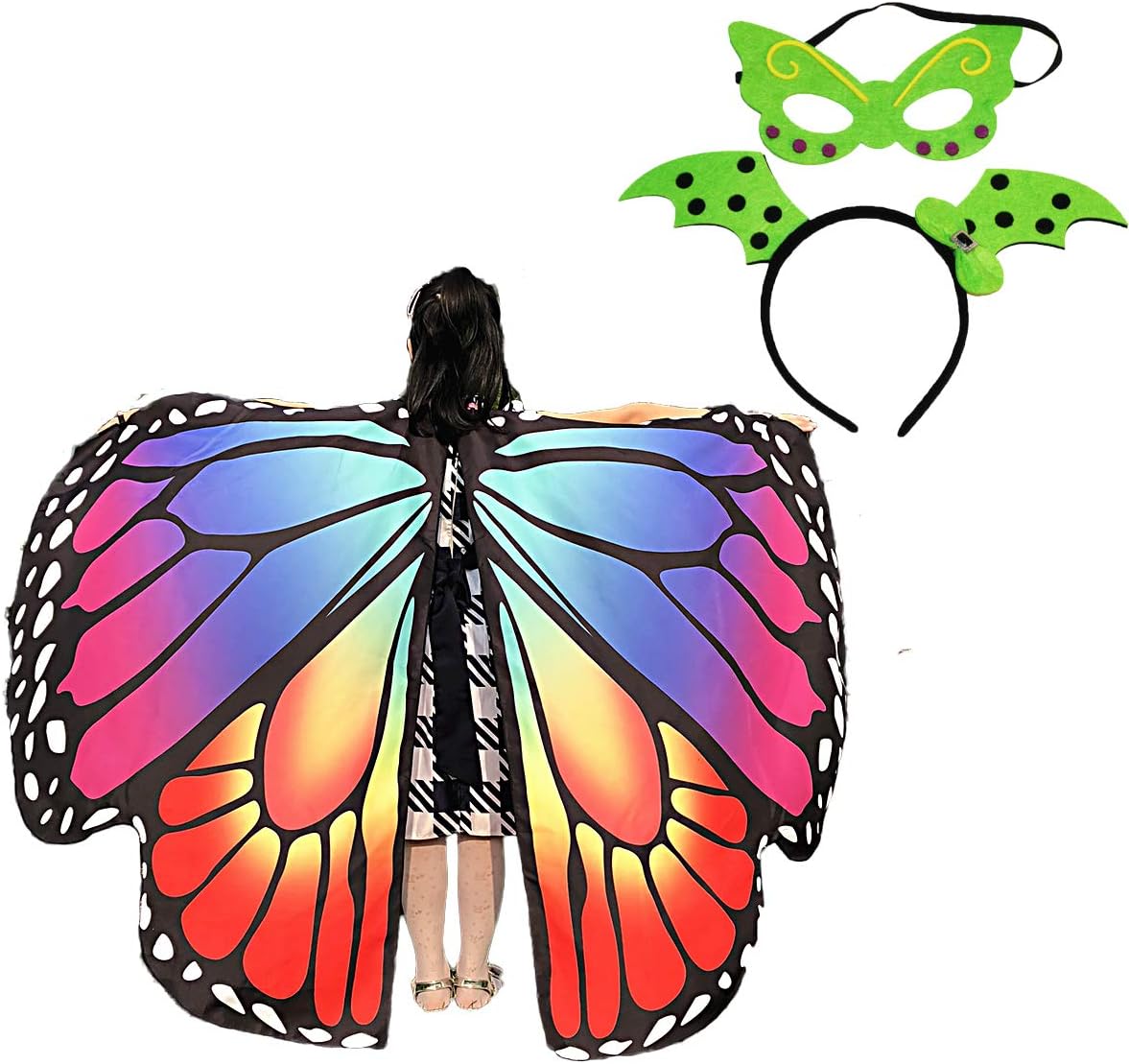 Kids Butterfly Wings Cape Shawl Costume Mask for Girls Rainbow Halloween Dress Up Party