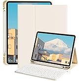 ZOPSGYU Case with Keyboard for iPad Air 11 Inch M3/M2 2025/2024, iPad Air 5th/4th Generation 10.9 Inch 2022/2020, Magnetic Detachable Bluetooth Keyboard, Soft Cover with Pencil Holder, Cream White