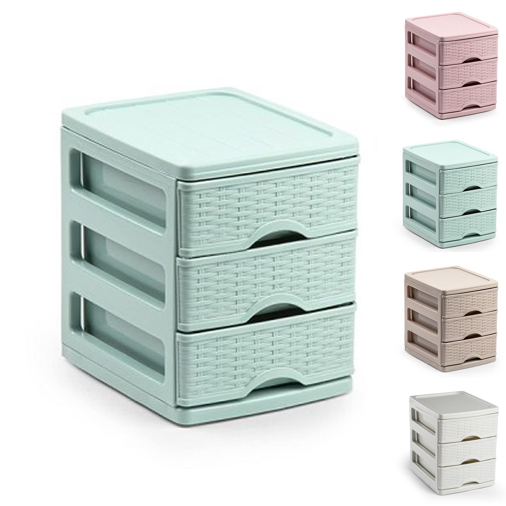 3 Drawers Plastic Desktop Storage Unit with Drawers, Stationary Arts Drawer Desktop Tabletop Organiser Storage Tower Unit for Office Bedroom Garage (17 x 13.5 x 17cm - Rattan Mint Green)