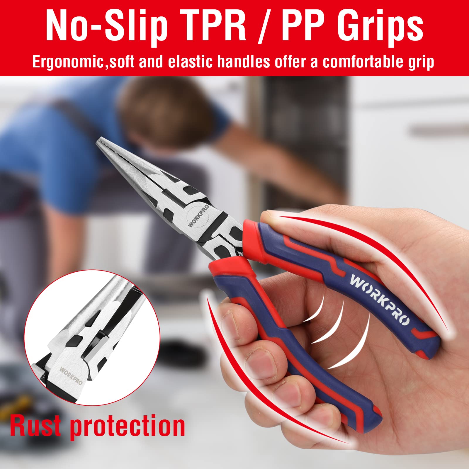 WORKPRO 4-Piece Pliers Set - Premium CR-V Construction Tool Set Including Long Nose, Diagonal Cutting, Groove Joint and Slip Joint Pliers - Red
