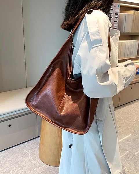 NEWBELLA HOBO PURSE, PU LEATHER SHOULDER BAG, TOTE HANDBAG FOR WORK AND TRAVEL (BROWN-LARGE SIZE)