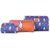 JuJuBe Miffy 3-Piece Makeup Bag Organizer Set, Flower Fields Travel Pouches | Zippered cosmetic and toiletry storage, nesting S/M/L sizes, adjustable shoulder strap, detachable wristlet, washable lining