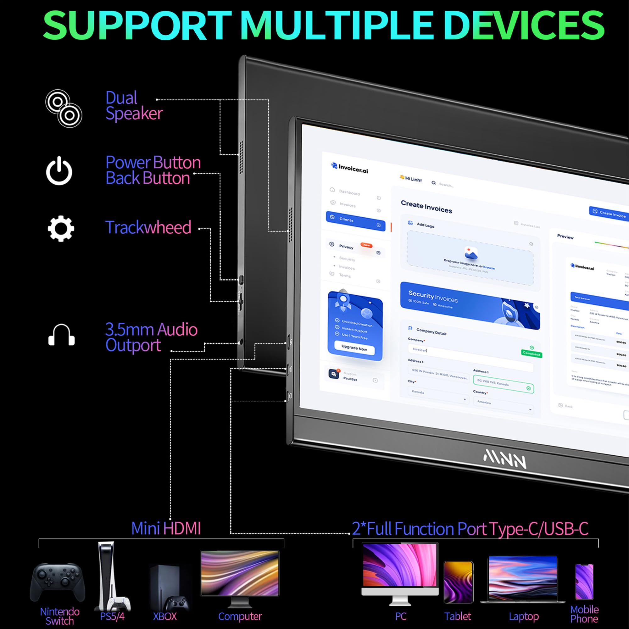 MNN 15.6" Portable Monitor - FHD 1080P USB C HDMI Display With Smart Cover