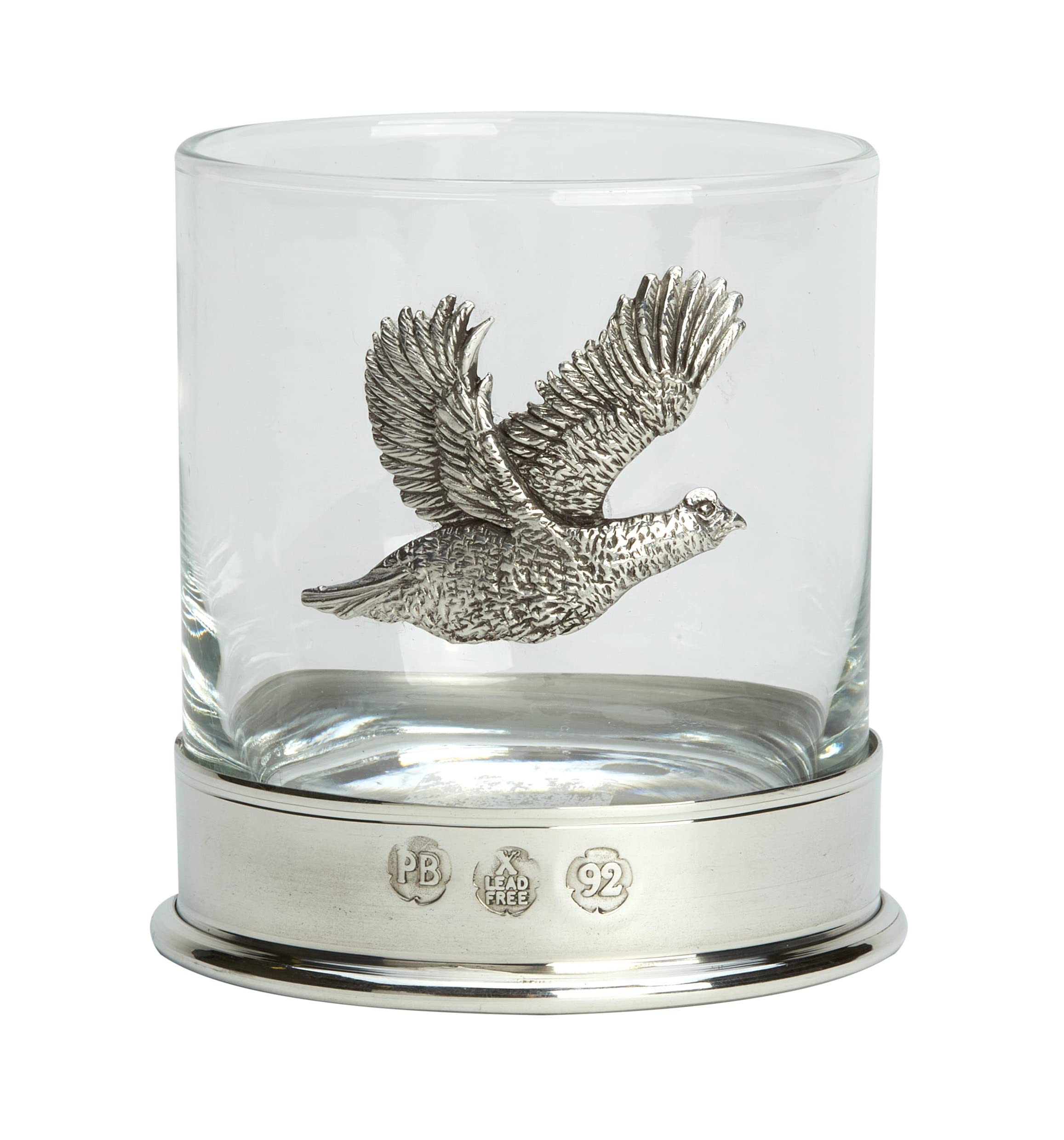Farm Cottage Brands Pewterware Mounted 12oz Whisky Glass with a Partridge/grouse Emblem. in a Presentation Box of 1 or 2 Glasses (1)