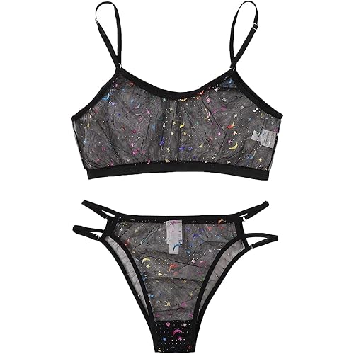 WDIRARA Women's Sexy Polka Dots Mesh Frill Spaghetti Strap Lingerie Set