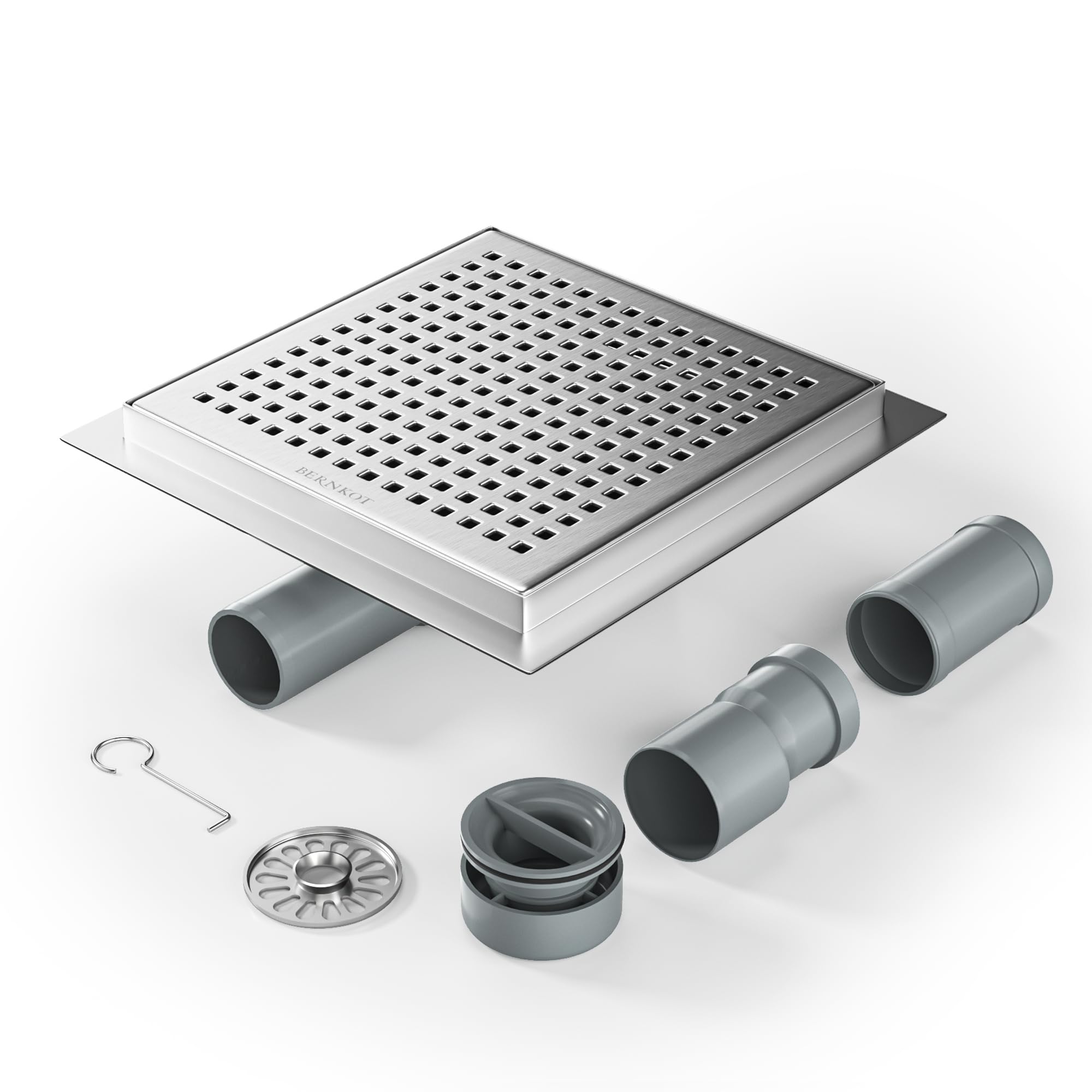 Bernkot DN50 DN40 20 x 20 cm Square Shower Rod 360° Siphon with Odour Proof and Stainless Steel Hair Strainer Floor Drain Gutter Very Flat