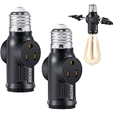 2 Pcs Light Socket to Plug Adapter, E26 Outlet Converter,Black | Convert E26 Socket to 3-Prong Outlet and Light Bulb Socket, Screw-in Light Sockets Adapter for Garage, Porch &amp; Utility Areas