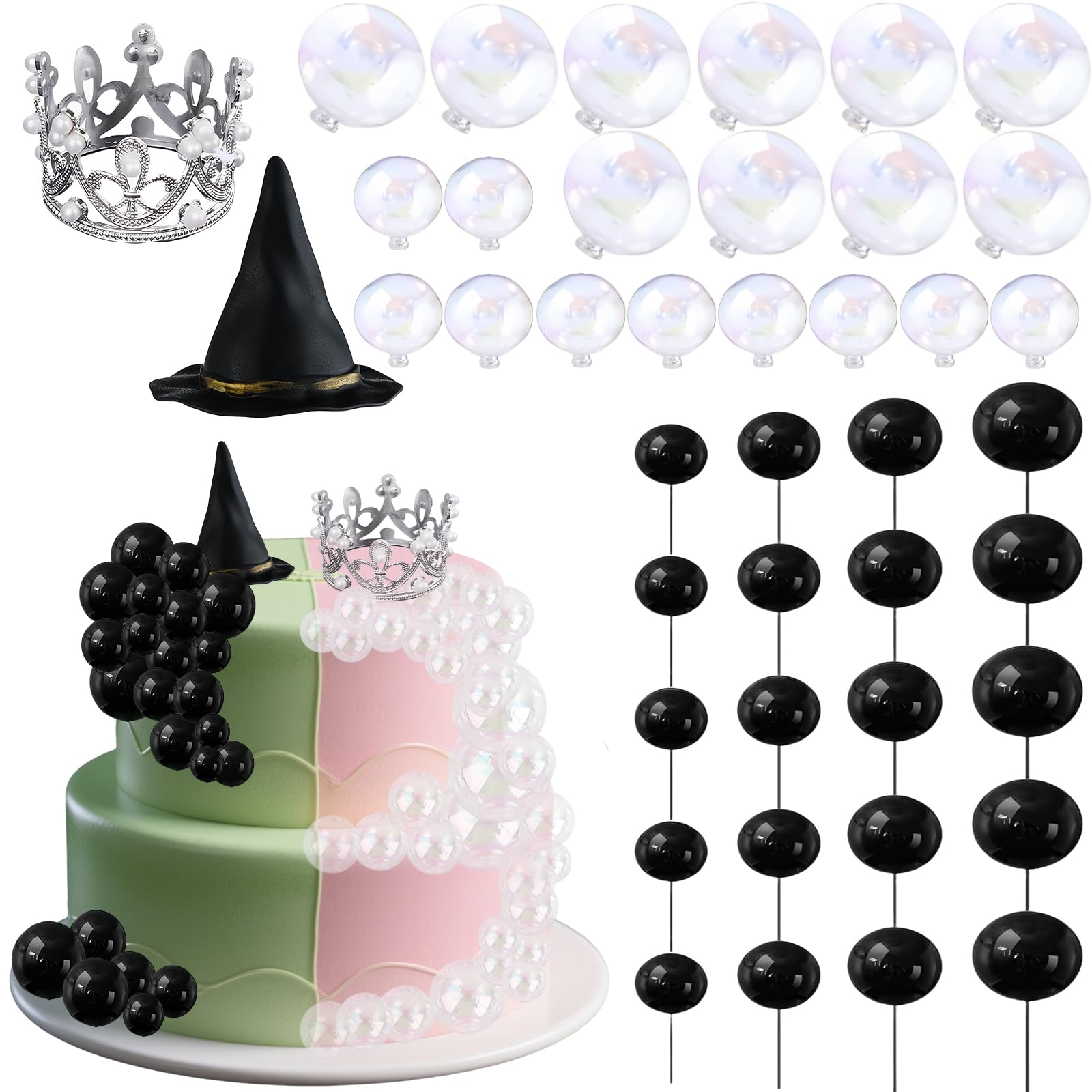 Photo 1 of ?42 Pcs Witch Party Decorations Kit - Halloween Cake Toppers with Black Balloons, Silver Crown, Witch Hat & Glitter Balls for Birthday, Fantasy Party Supplies (Transparent ball+Silver Crown)