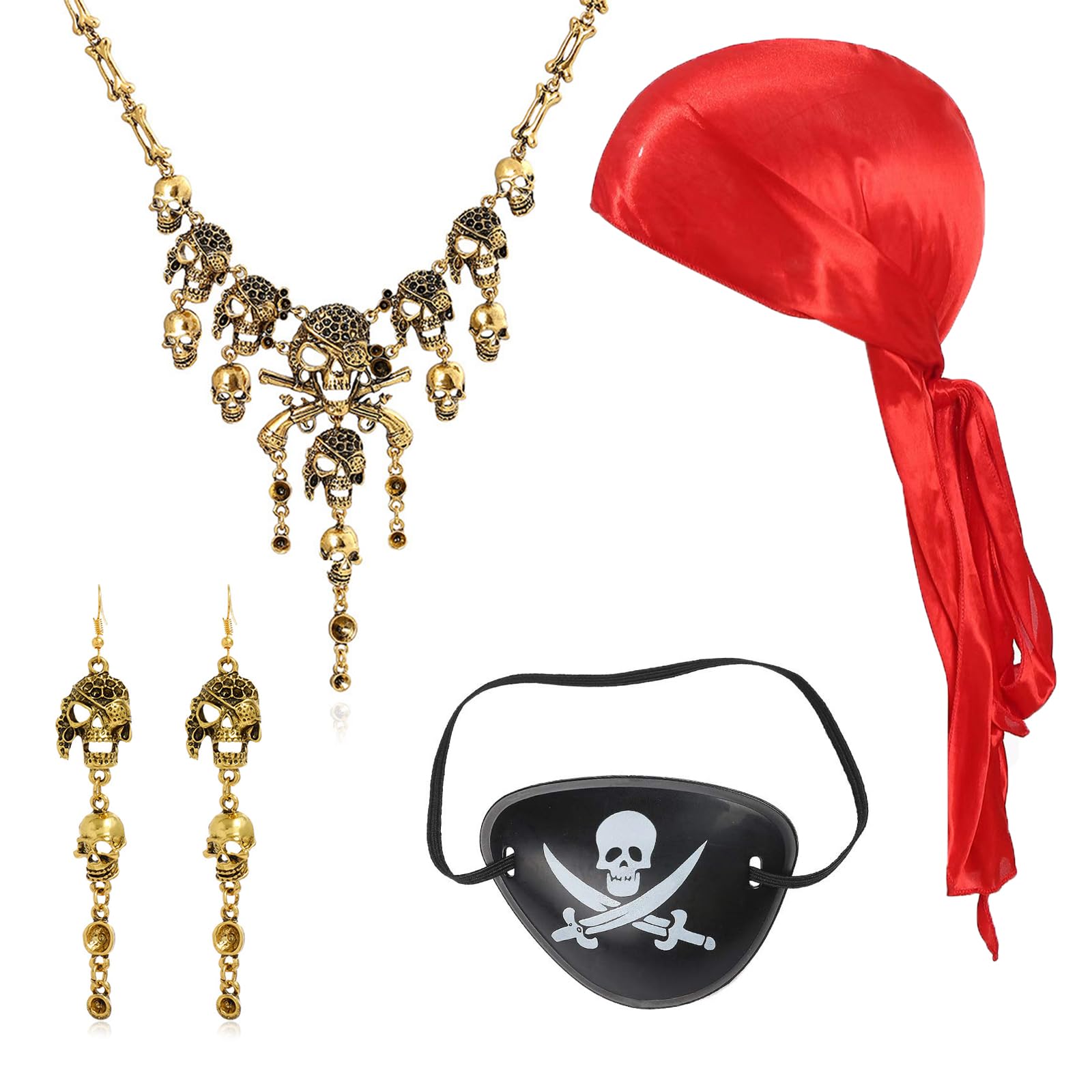Hifot 4 Pcs Pirate Accessories Adult Women Men, Vintage Pirate Necklace Hoop Earrings Pirate Eye Patches Red Pirate Bandana Pirate Costume Accessories Set for Halloween and Pirate Party