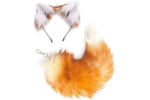 YXCFEWD Cat Wolf Fox Ears and Tail Set for Kids Fluffy Fox Tail Cosplay Party Wolf Costume Fox Tail Keychain Halloween