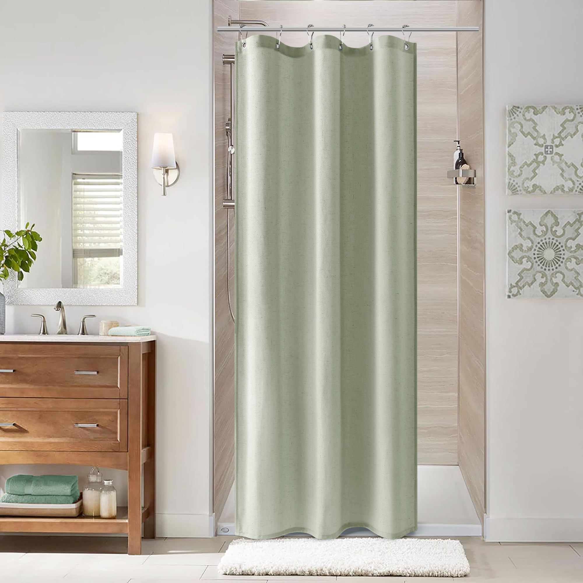 Naturoom Mist Sage 36 Inch Shower Curtain - Stall Narrow Half Linen Ultra Thick Fabric Shower Curtain Set with Hooks, Boho Farmhouse Rustic RV Camper Bath Curtains for Bathroom, 36x72 Image