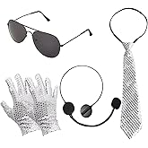 EaciTown Pop Super Star Costume Accessory Kit Halloween Sequin Glitter Costume Rock and Roll Outfit Sunglasses Bowtie Gloves Fake Mic Set of 4