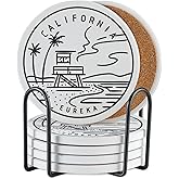 Onebttl California Gifts Coaster Souvenir, Travel Homesick Gifts, Home Decor for Women, Moving, Housewarming, Set of 6, Ceramic, Absorbent with Cork Base