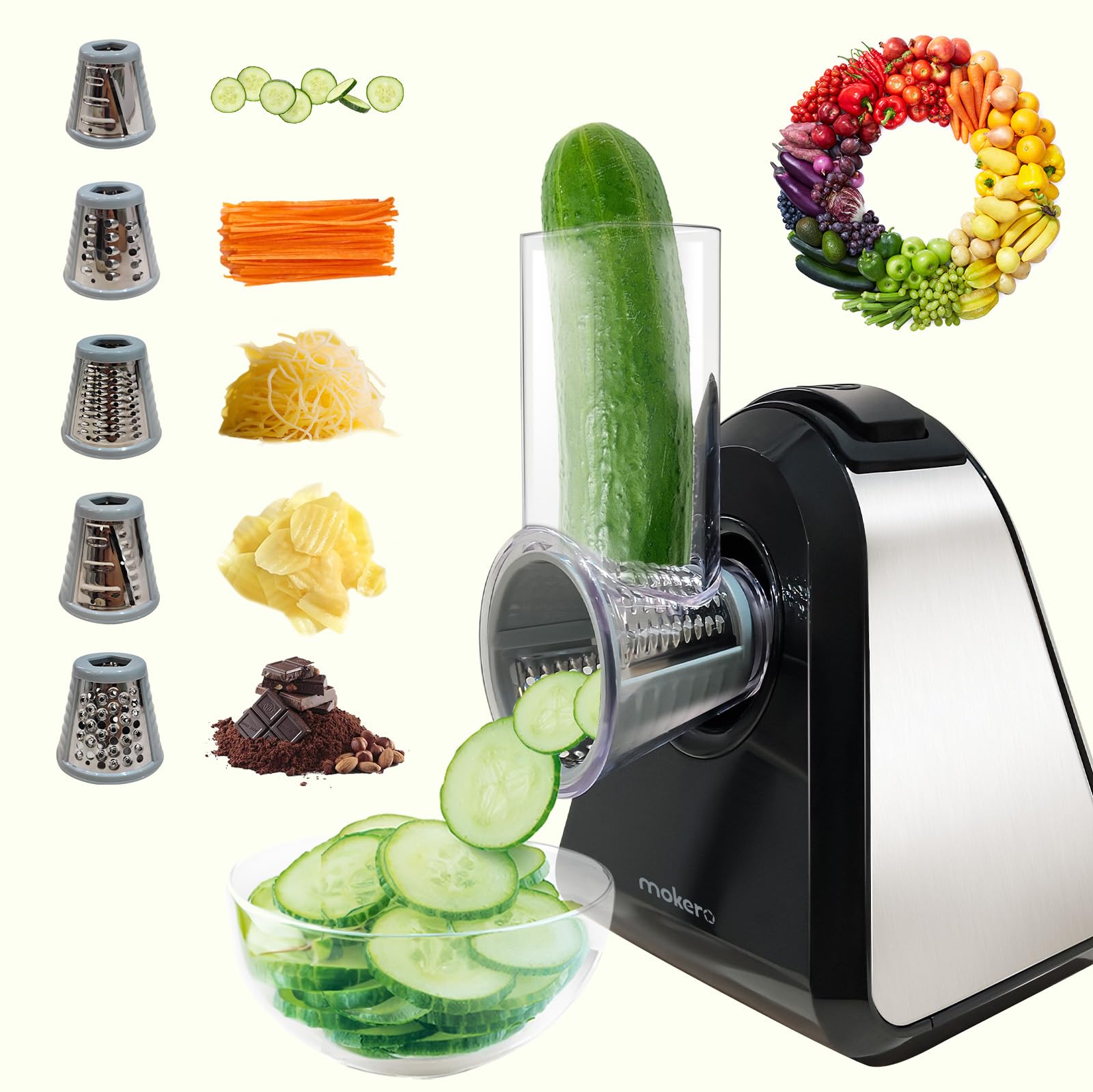 Photo 1 of mokero 5 in 1 Electric Cheese Grater Salad Shooter Maker for Block Cheese Home Kitchen Electric Food Slicer Shredder Chopper Automatic Grater for Vegetables Cucumber Carrots Cabbage Nuts