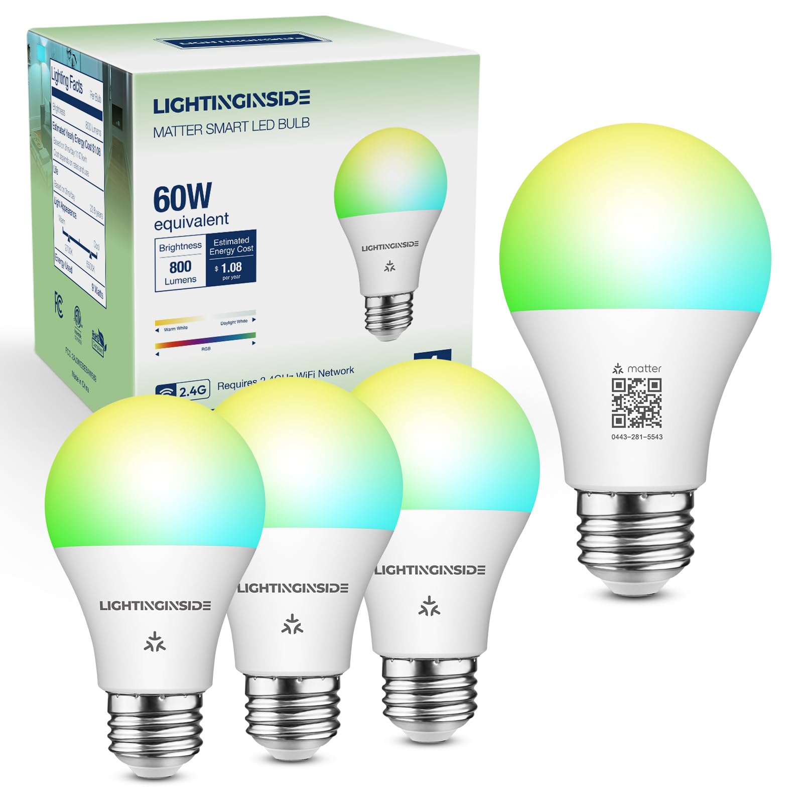 Photo 1 of Lightinginside Matter Smart Bulb Compatible with Alexa/Siri/Apple Home/Google Home/SmartThings, WiFi A19 E26 RGBCW Color Changing Light Bulb 60W Equivalent 800LM 9W, 2.4G WiFi, ETL Listed, 4PCS