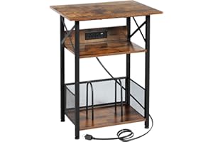 AMHANCIBLE Record Player Stand with Charging Station, Large Turntable Stand with Storage Cabinet, 3 Tier End Table Hold Up to 100 Albums, Record Stand for Vinyl, Living Room, Brown, HETCD012BR-1