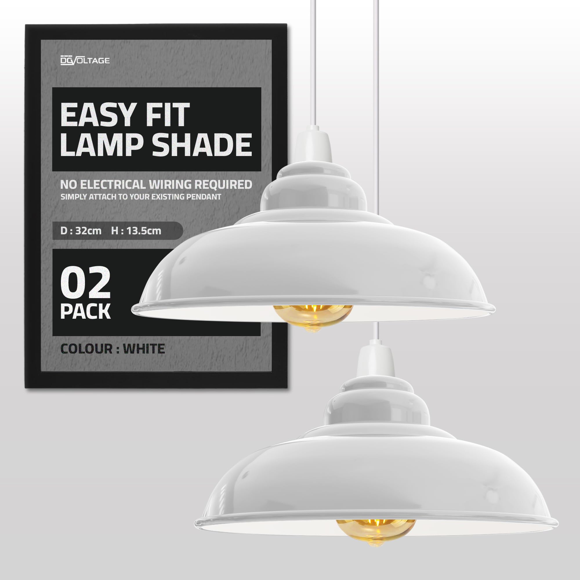 DC VOLTAGE Modern Industrial Metal Ceiling Light Shade, 32cm Large Curvy Easy Fit Pendant Lamp Shade with Free Reducer Plate for Living Room, Kitchen, Hallway (White - 2 Pack)