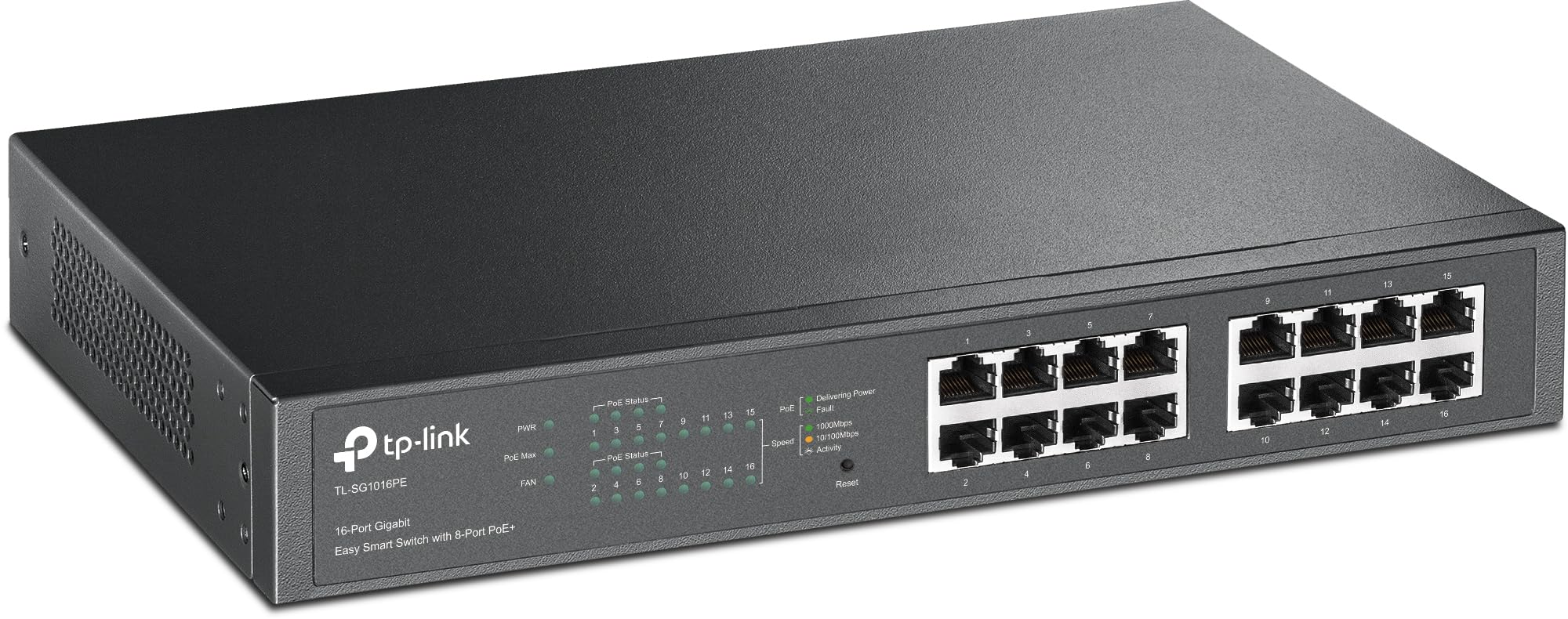 TP-Link TL-SG1016PE 16-Port Gigabit Easy Smart Switch with 8-Port PoE+, up to 30W per port and 150W total, Shielded RJ-45 ports, 802.3af/at, Plug and Play, with fan