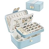 Lolalet 2 Layer Jewelry Box for Teen Girls & Young Women, Jewelry Organizer Case with Bow Clasp and Mirror for Earrings Rings Necklaces Storage, Gift Idea -Blue