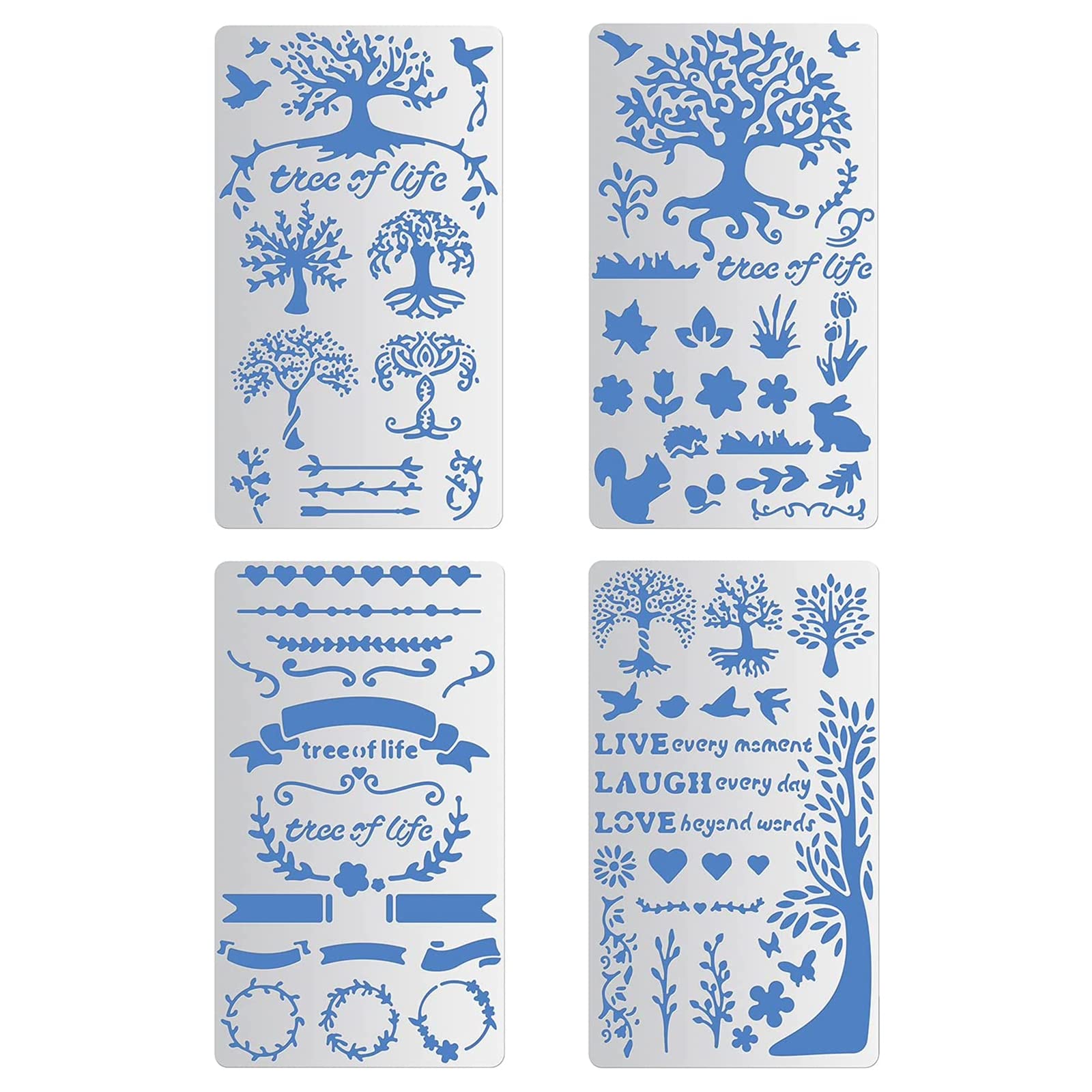 BENECREAT 4PCS 10x17.5cm Tree of Life Metal Stencils Animal Leaves Vine Stencils Templates for Wood Carving, Drawings and Woodburning, Engraving and Scrapbooking Project