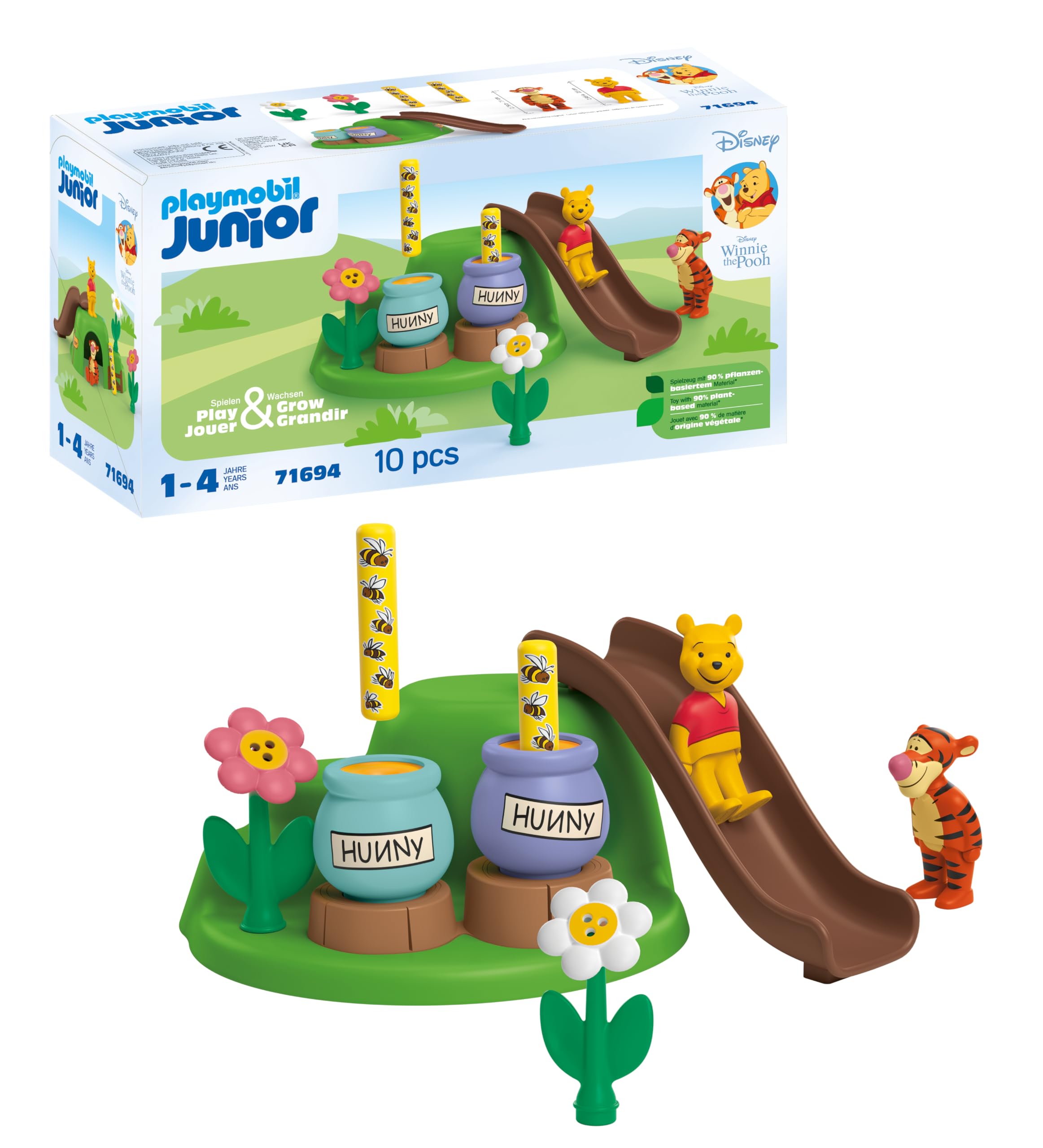 Playmobil 71694 JUNIOR & Disney: Winnie's & Tigger's Bee Garden, Winnie-the-Pooh, made from over 90% plant-based plastics, gifting toy and imaginative role-play, playsets for children ages 12 months+