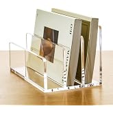 AIMOLLY 3 Compartments Clear Acrylic Mail Holder &ndash; Vertical Letter Sorter &amp; Multifunction Desk Organizer for Bills, Documents, Notebooks &ndash; Modern Office/Home Envelope File Rack