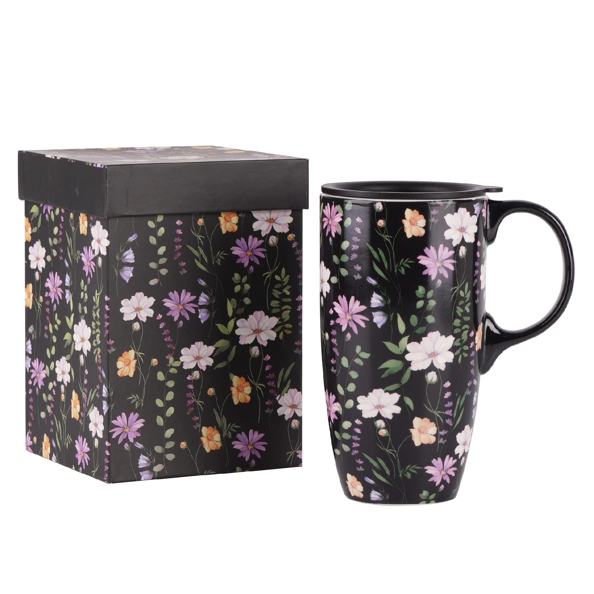 DUSVALLY Ceramic Mug Coffee Cup with Sealed Lid and Gift Box Latte Mug with Handle for Home and Office 17oz.Black