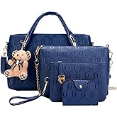 FiveloveTwo Women Ladies 4 Pcs PurseTop Handle Satchel Hobo Handbag Set Large Tote +Wallet +Shoulder Bag+Card Holder (Blue)