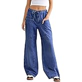 Cicy Bell Womens Wide Leg Jeans Vintage Mid Rise Baggy Boyfriend Belted Denim Pants with Pockets