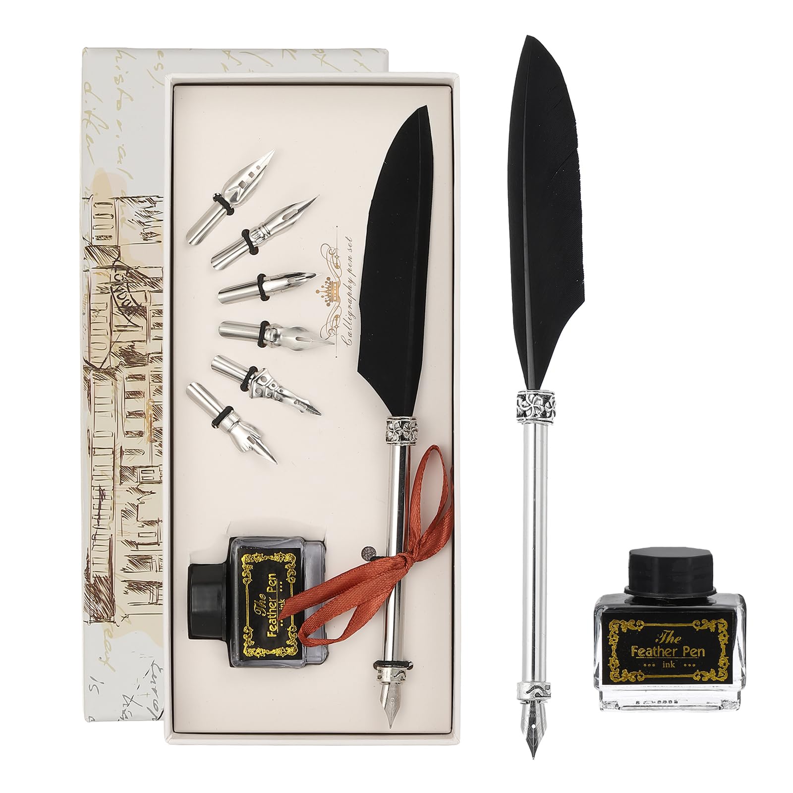 PATIKIL 21.5cm/8.5" Carved Feather Pen Set, Vintage Quill Pen with Ink Set 6 Replacement Nibs for Calligraphy Writing Office Dip Pen Wedding Gifts, Black