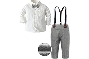SANGTREE Baby Boys Clothes, Dress Shirt with Bowtie + Suspender Pants, 3 Months - 14 Years