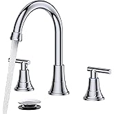 FORIOUS Chrome Bathroom Faucet Vanity 3 Holes, 8 Inch Widespread Polished Chrome Faucet for Bathroom Sink 3 Piece with Pop-up Drain and 360 Degree Swivel Spout, Silver Rv Lavatory Tap