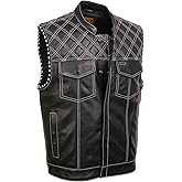 Milwaukee Leather Men’s Leather Club Vest – Paisley Lining, Contrast Stitch, Patch Ready Back, Storage Pockets