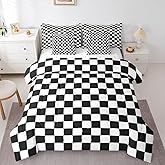Manfei 7 Pieces Black and White Plaid Comforter Set Full Size, Reversible Geometric Square Grid Bedding Set, Kids Boys Room Decor, Lattice Checkerd Bed in A Bag with Comforter,Sheets and Pillowcases