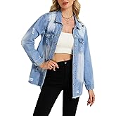 LifeShe Women’s Distressed Denim Jacket Long Sleeve Ripped Jean Coat with Frayed Hem, Casual Loose Fit Button Down Outerwear