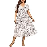 Plus Size Summer Dresses - Casual Work Boho Button Front Floral Midi Dress with Pockets