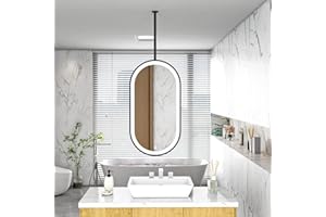 Ceiling Mounted Suspended Mirror | Ceiling Hanging Mirror with LED Light | Black/White/Gold Metal Frame Bathroom Vanity Mirro
