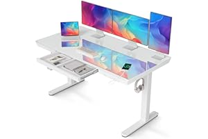 Claiks Glass Standing Desk with Drawers, 55 Inch Adjustable Stand Up Desk, Quick Install Home Office Computer Desk with USB Ports, White