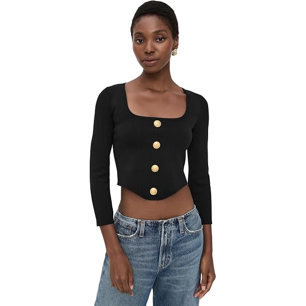 L'AGENCE Women's Saga Square Neck Knit Corset Blouse, Black/Gold