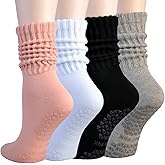 hoomore Slouchy Socks for Women,Pilates Socks with Grips for Women Non Slip Yoga Scrunch Crew Sock Barre Workout 4 Pack